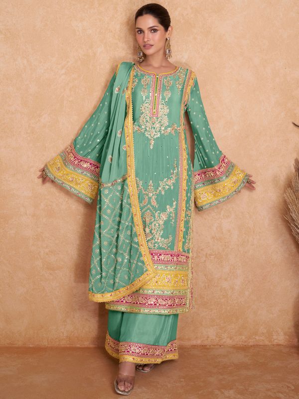 Turquoise Embroidered Suit Set With Heavy Dupatta