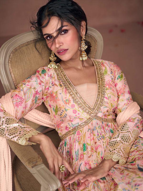 Peach Gota Patti Embellished Suit In Anarkali Style