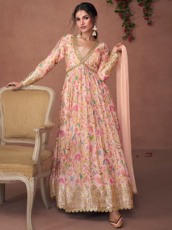 Peach Gota Patti Embellished Suit In Anarkali Style