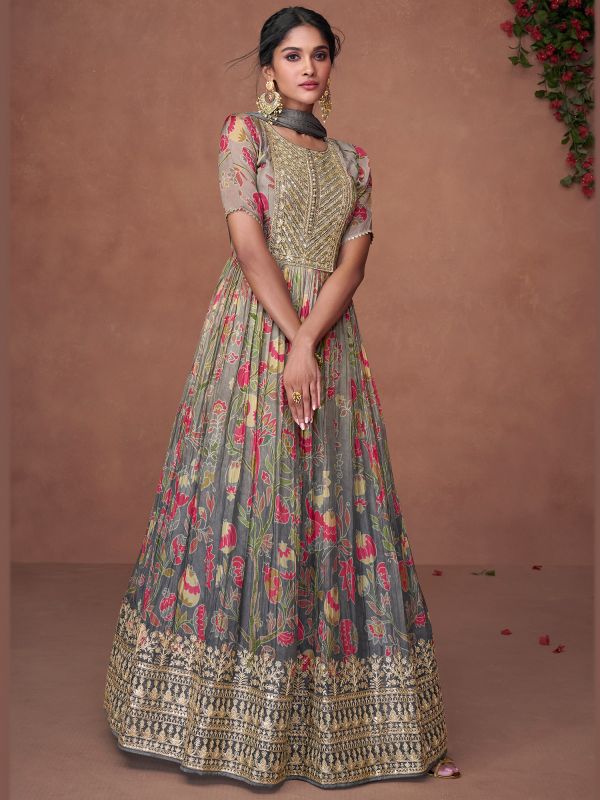 Grey Floral Print Suit Set In Anarkali Style