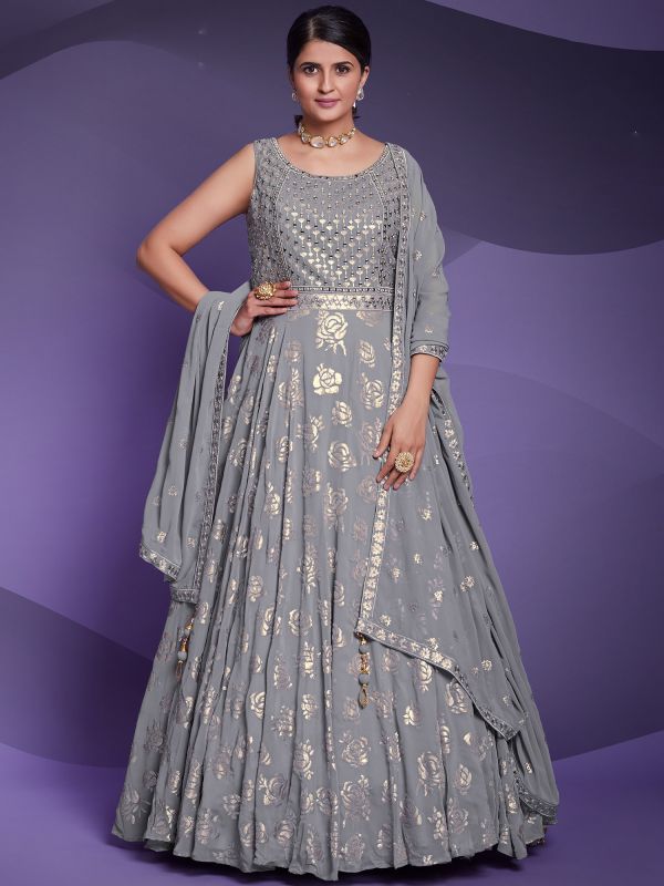 Grey Sequined Suit Set In Anarkali Style