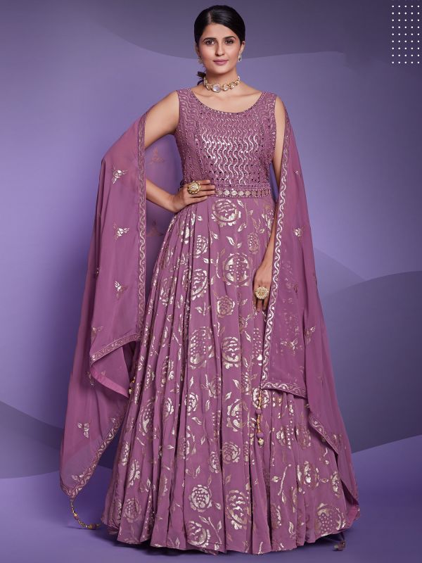 Purple Mirror Work Embellished Anarkali Suit Set