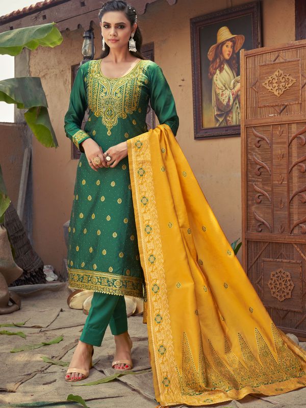 Green Banarasi Silk Salwar Suit in Pant Style