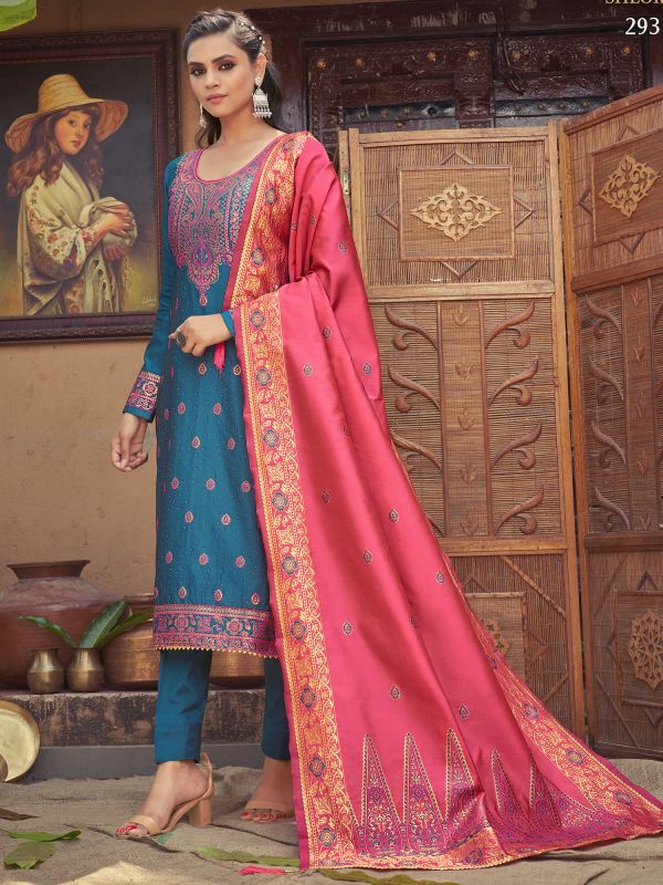 Blue Embroidered Pant Style Suit With Dupatta
