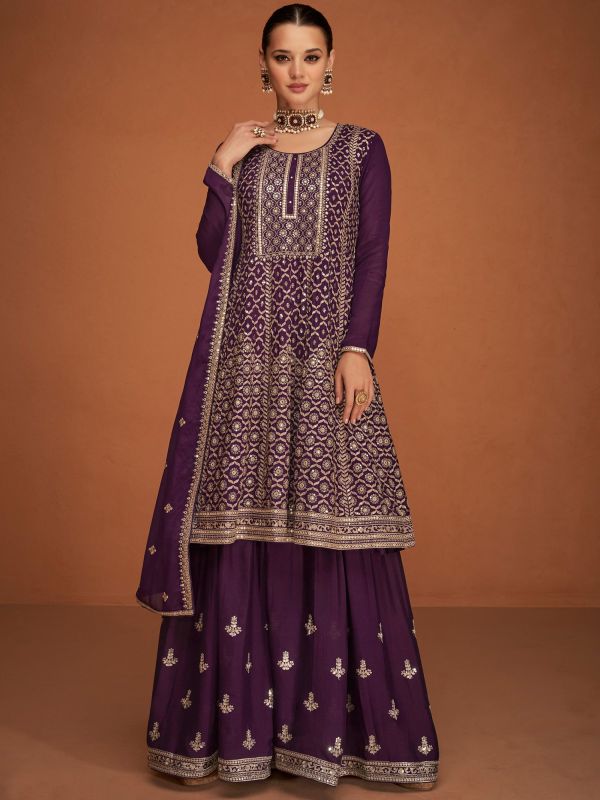 Purple Zari Embroidered Sharara Suits In Georgette