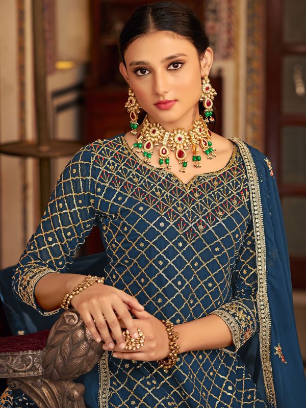 Blue Sequins Embellished Salwar Kameez With Sharara Style