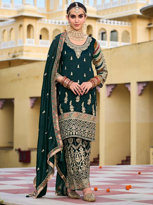 Green Zari Embroidered Silk Suit With Palazzo Styled
