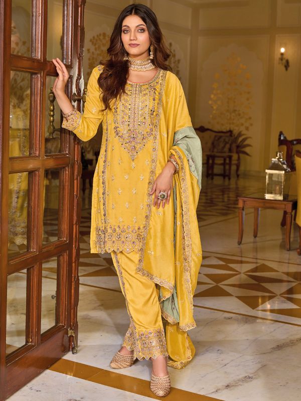 Yellow Zari Embroidered Pant Style Suit 