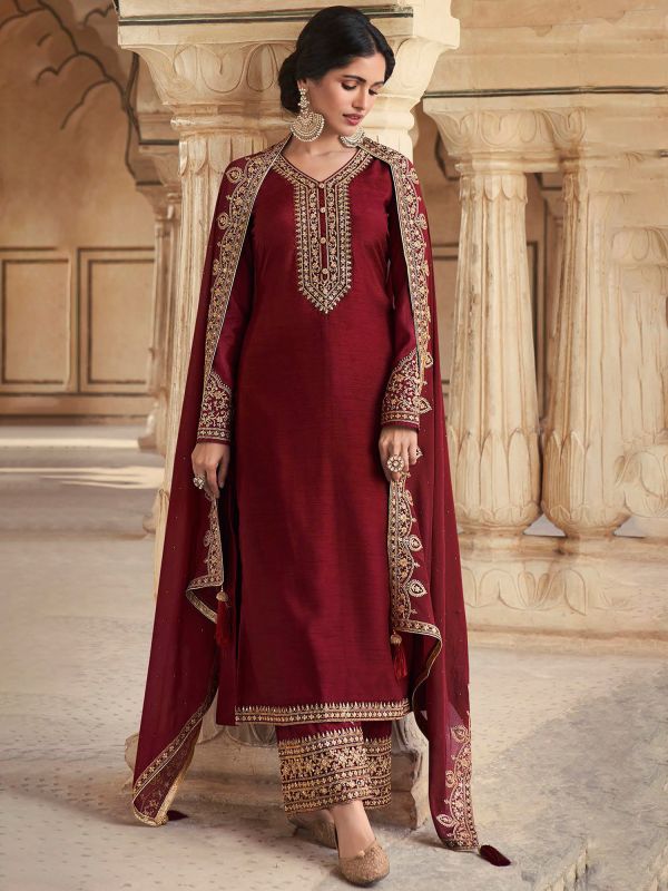 Maroon Zari Embroidered Palazzo Style Salwar Suit