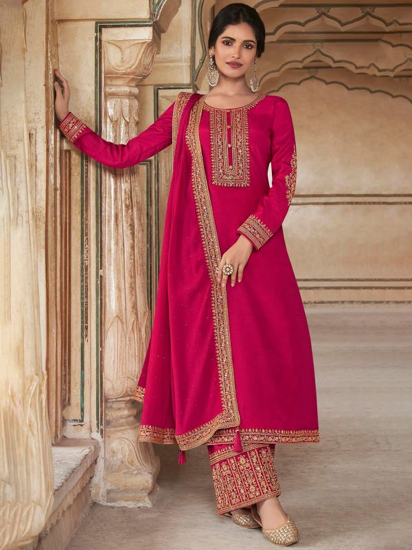 Pink Festive Palazzo Suit With Zari Embroidery