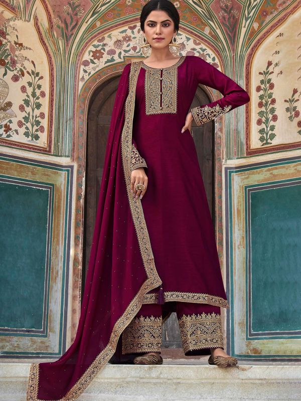 Magenta Sequins Embroidered Suit With Palazzo