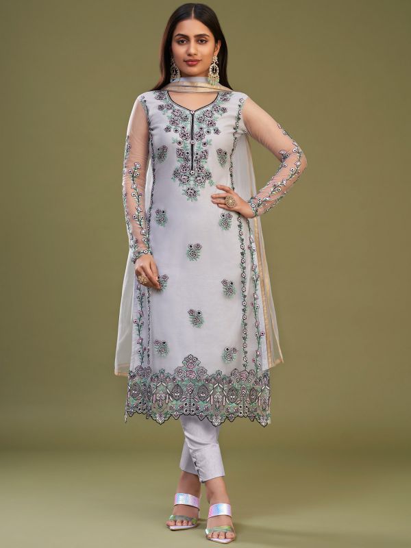 Grey Thread Embroidered Pant Style Suit In Net