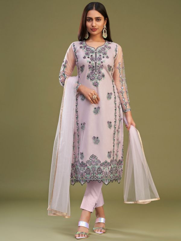 Purple Pant Style Suit In Net With Dupatta