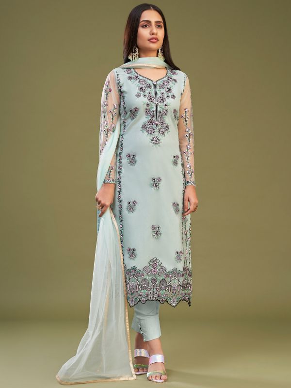 Blue Floral Embroidered Pant Style Suit In Net