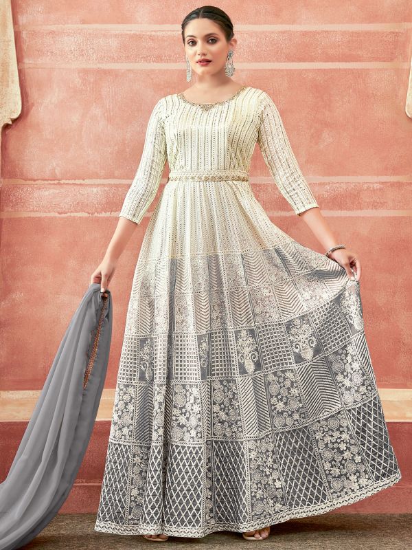 Grey Sequins Embroidered Suit In Anarkali Style