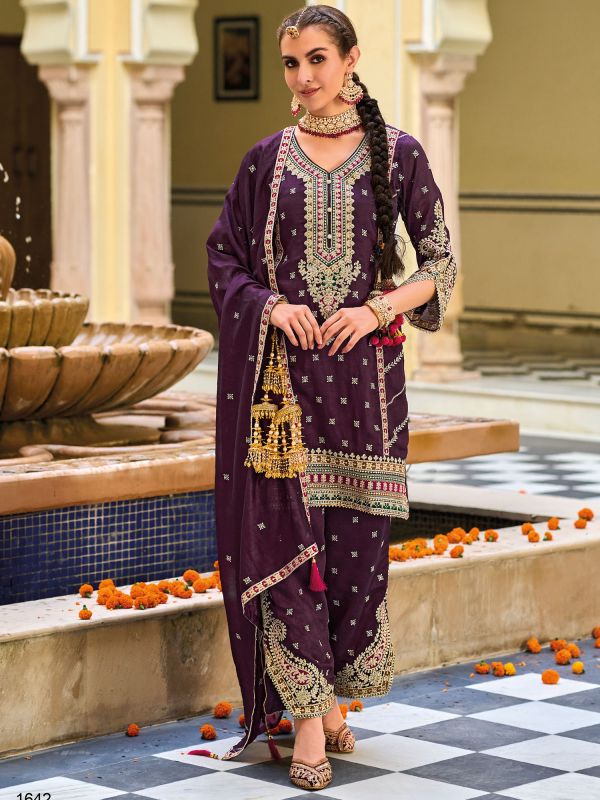 Purple Silk Palazzo Salwar Suit In Gota Patti Work