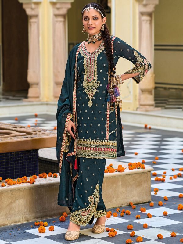 Green Palazzo Styled Suit In Silk With Dupatta