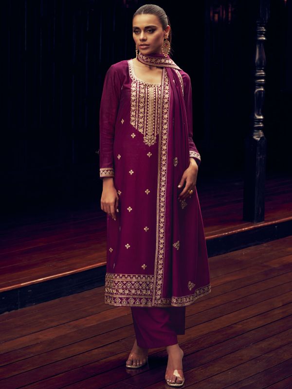 Purple Festive Suit In Silk With Palazzo And Dupatta