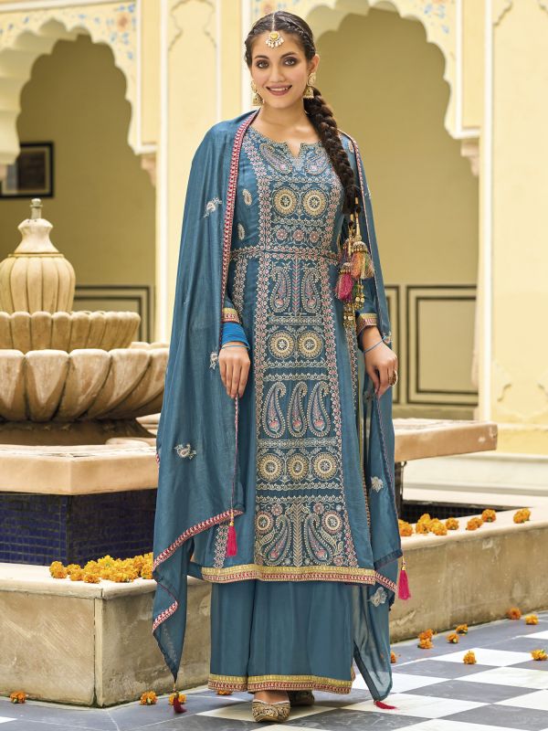 Stone Blue Thread Embroidered Suit In Silk