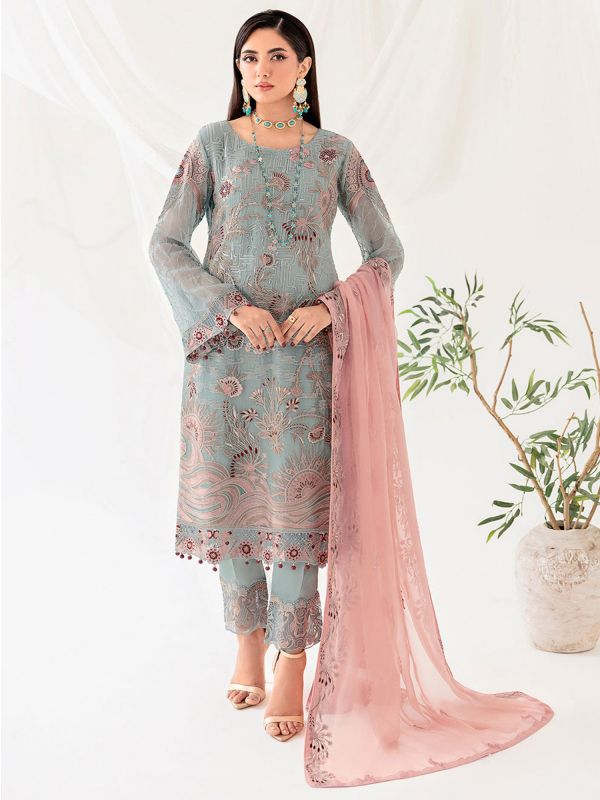 Blue Stone Embroidered Pant Style Salwar Kameez