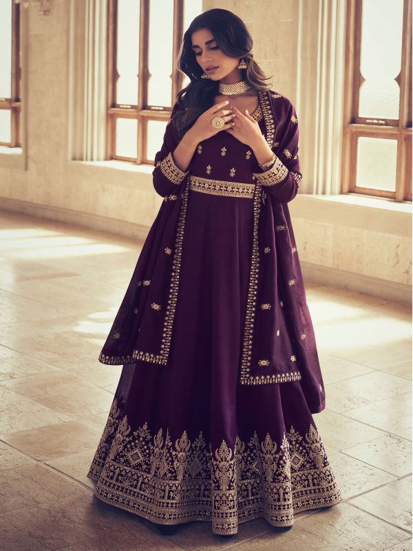 Wine Purple Silk Salwar Suit In Anarkali Suit