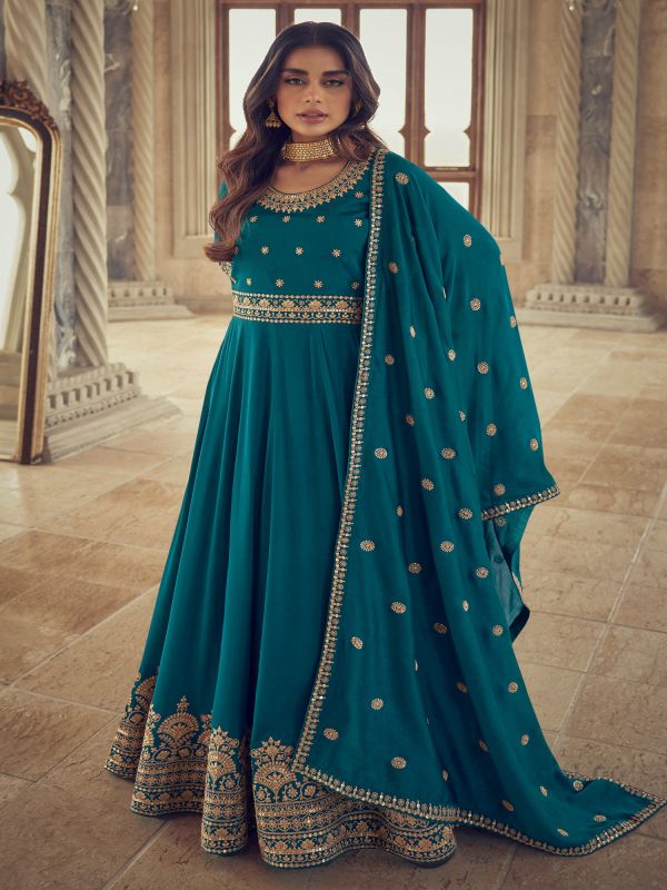 Teal Blue Anarkali Style Suit In Silk With Zari Work