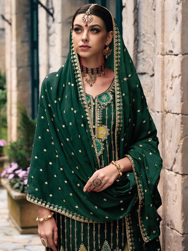Dark Green Palazzo Style Suit In Zari Embroidery