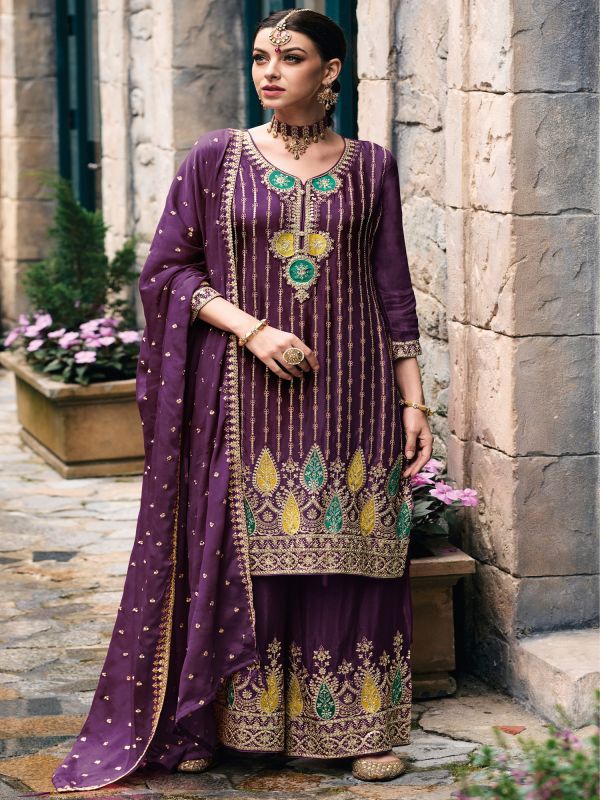 Mauve Purple Wedding Suit In Zari Work With Palazzo