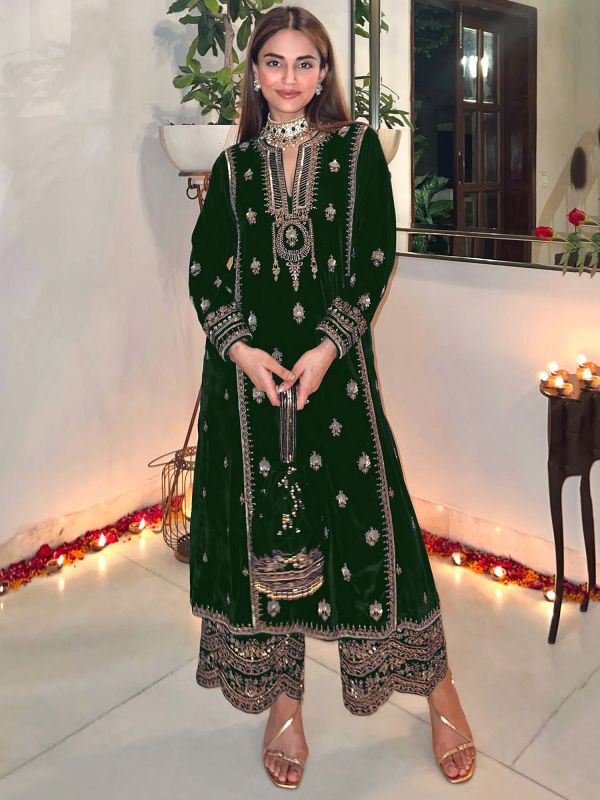 Deep Green Velvet Salwar Suit In Palazzo Style