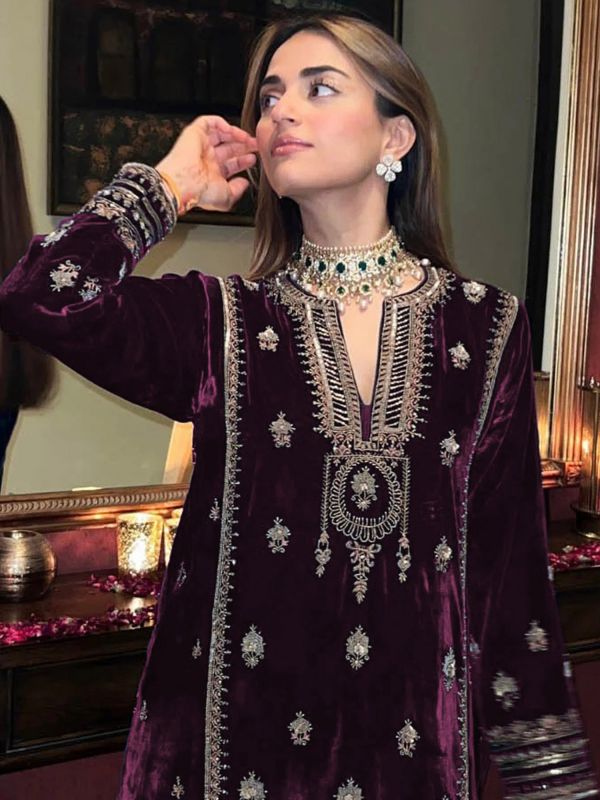 Wine Purple Salwar Suit In Velvet With Palazzo