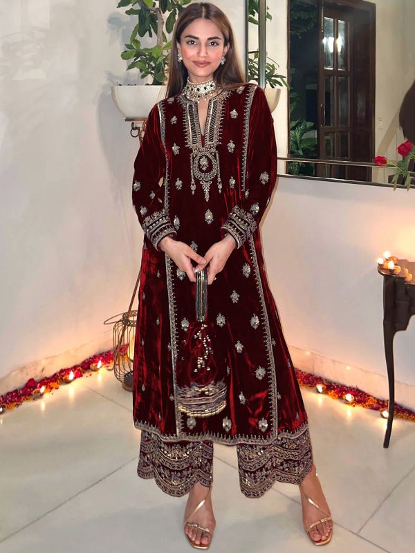 Red Wedding Suit In Zari Work With Velvet Fabric