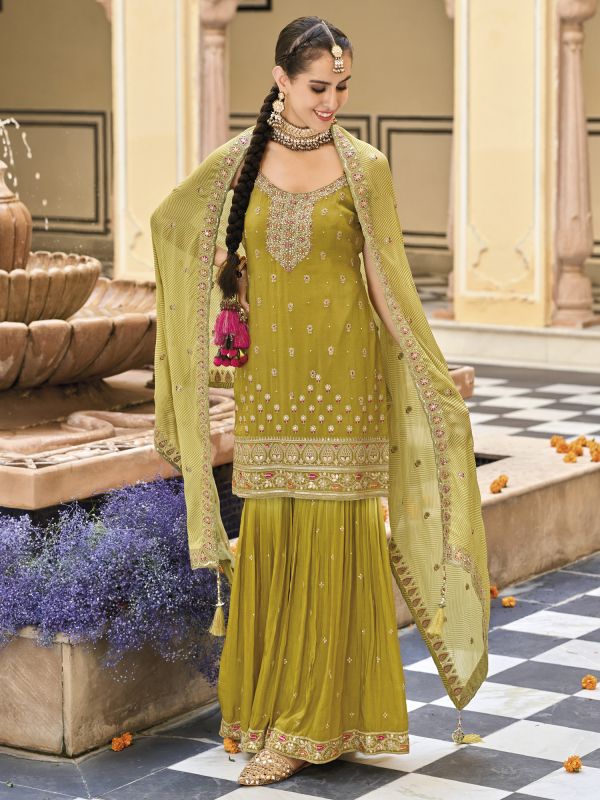 Green Sharara Style Suit With Printed Dupatta