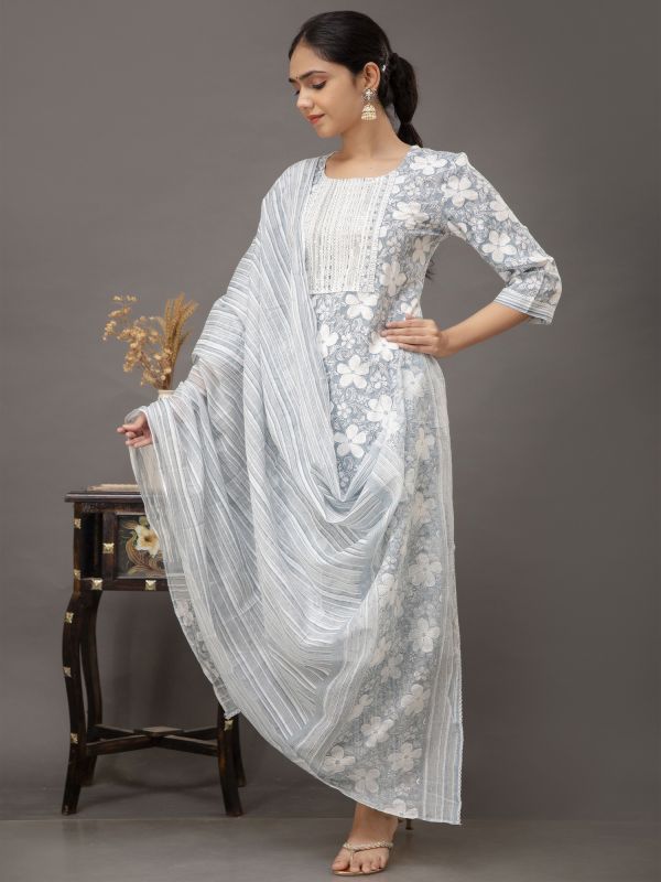 Grey Printed Cotton Casual Wear Salwar Suit