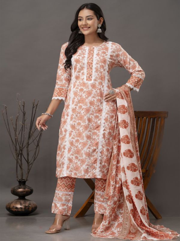 Orange Casual Wear Salwar Suit In Foral Print