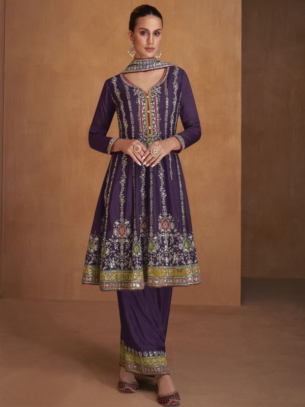 Purple Punjabi Style Chinon Suit Set With Palazzo