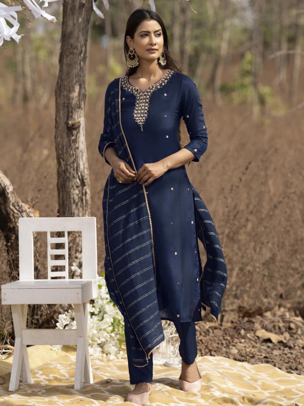 Blue Thread Work Readymade Pant Style Salwar Suit
