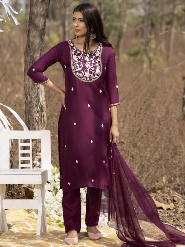 Wine Casual Wear Pant Style Readymade Salwar Suit