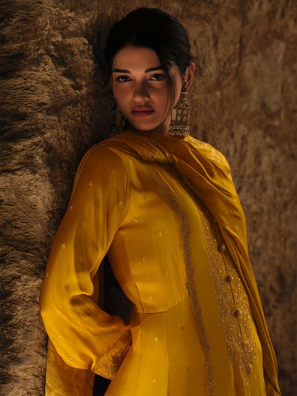 Yellow Zari Augmented Sharara Suit In Georgette