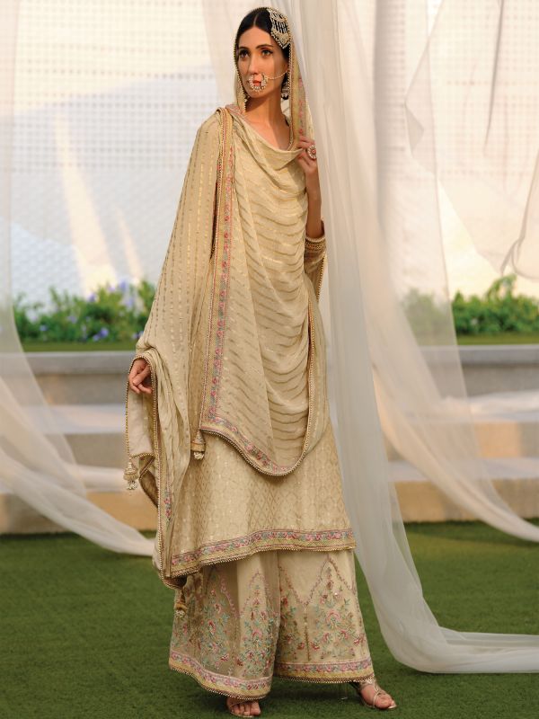 Beige Floral Embroidered Salwar Suit With Palazzo Style