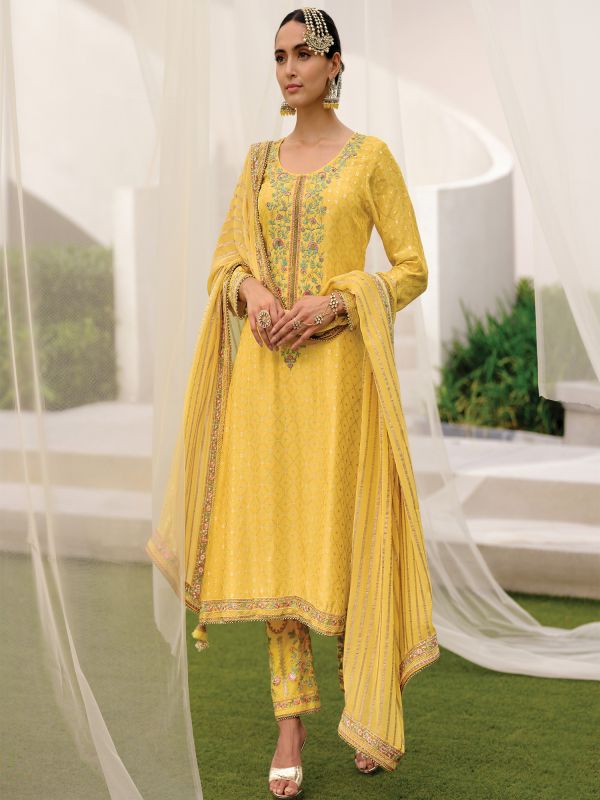 Yellow Silk Weaving Pant Style Suit With Lace Bordered