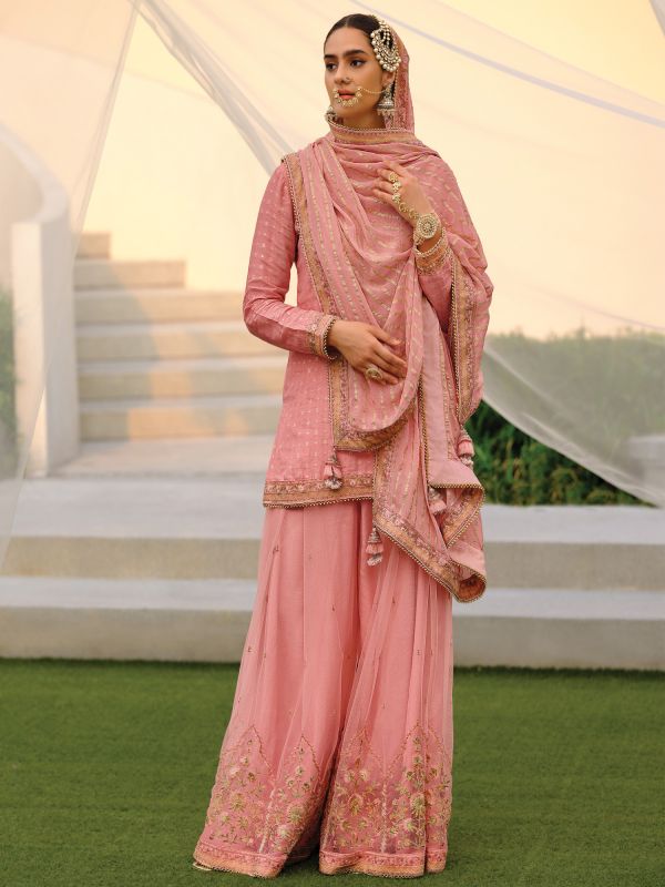 Pink Pakistani Sharara Suit In Silk With Zari Weaving