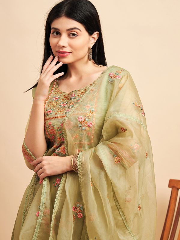 Green Pant Style Salwar Kameez In Floral Thread Work