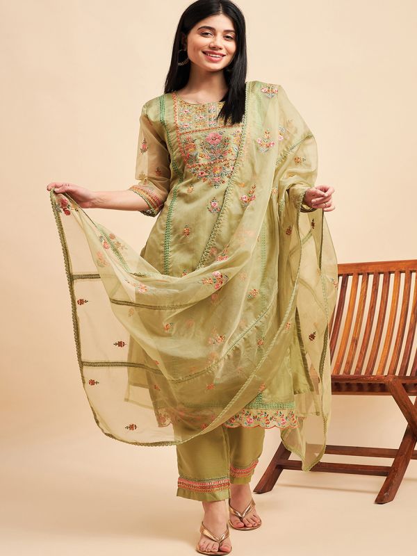 Green Pant Style Salwar Kameez In Floral Thread Work