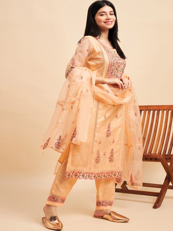 Peach Casual Pant Style Thread Work Suit In Organza 