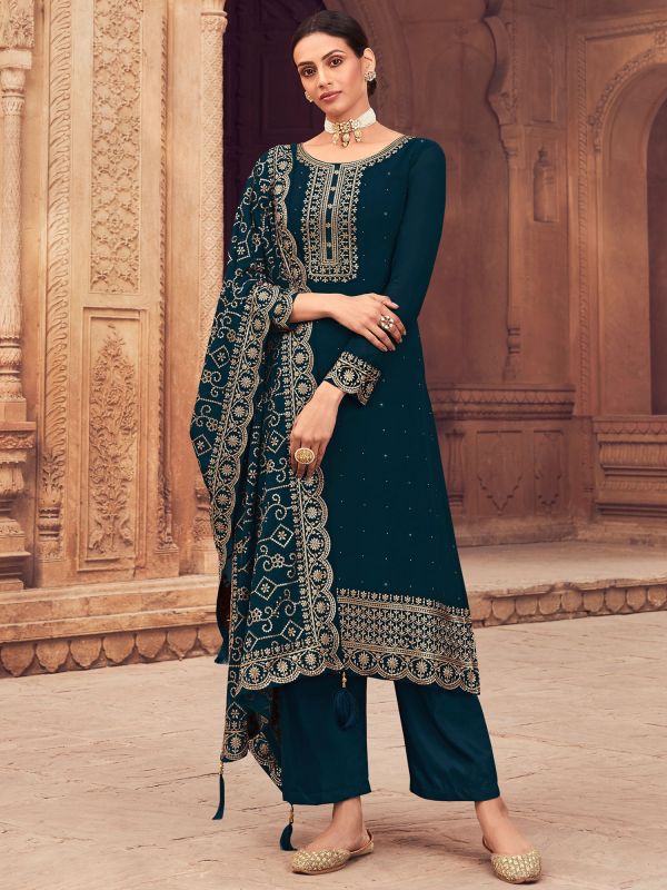 Blue Palazzo Style Georgette Suit In Zari Embroidery 