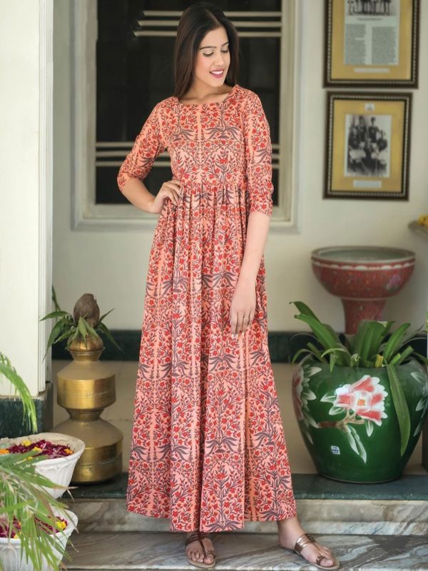 Red Casual Wear Readymade Printed Gown