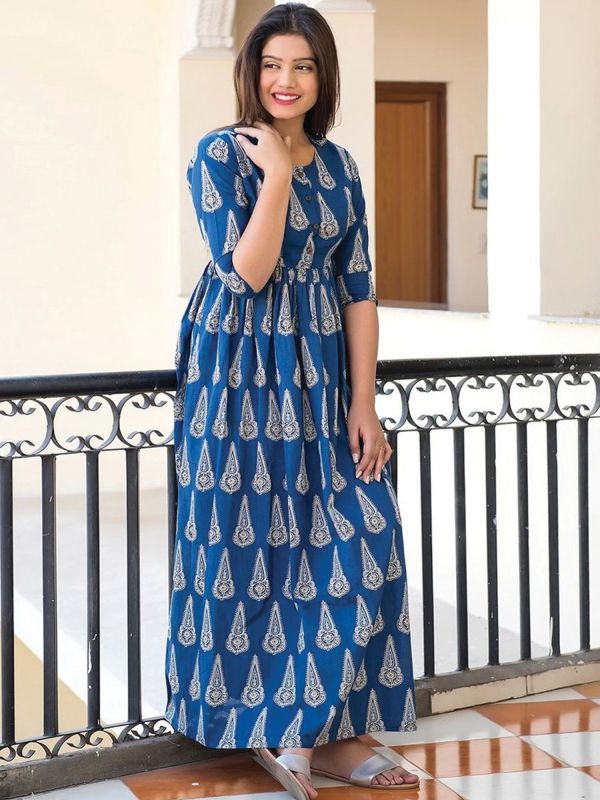 Blue Quarter Sleeved Block Printed Readymade Gown