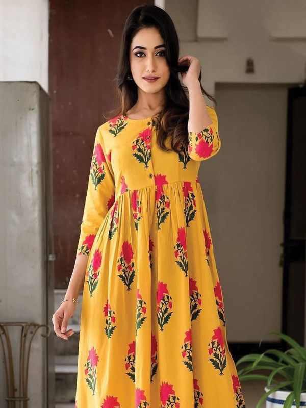 Yellow Hand Block Printed Readymade Womens Gown