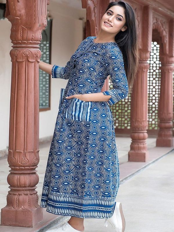 Blue Readymade Womens Indowestern Dress In Print