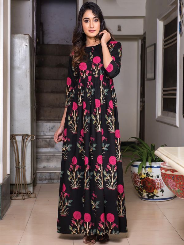 Black Readymade Floral Printed Womens Gown